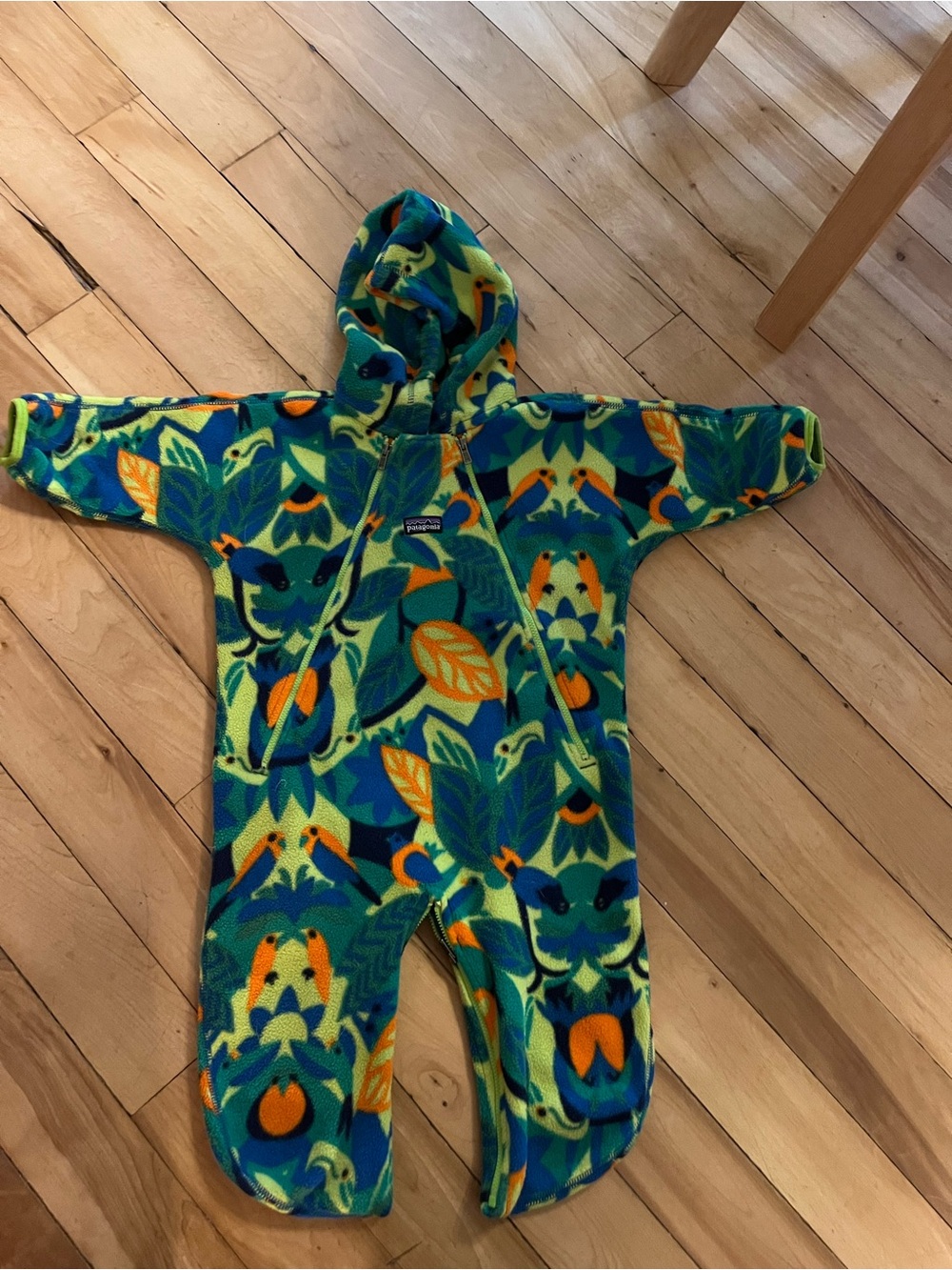 Patagonia Kids Fleece Hooded One-Piece in Green, Blue & Orange Leaf Print